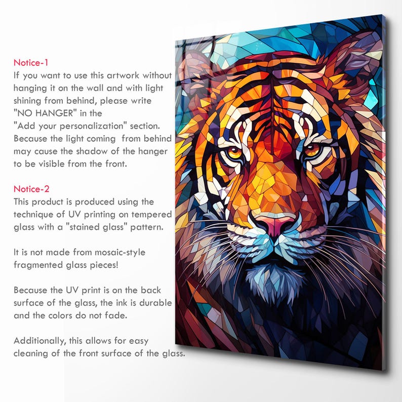 Tiger Stained Glass Print, Tempered Glass Wall Art, Living Room Decor image 3