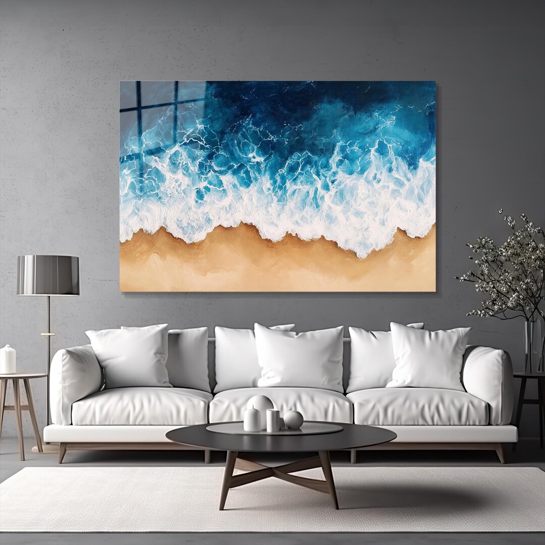 Tempered Glass Beach Wall Art, Navy Blue Ocean Waves, Nautical Wall ...