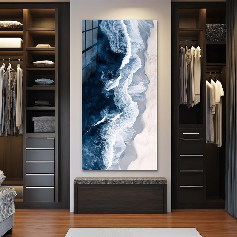 Navy Blue Ocean Wall Art, Narrow Vertical Wall Decor, Tempered Glass