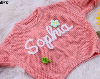Personalized Baby Name Sweater, Custom Hand Embroidered New Baby Sweater, Baby Girl Knitted Comforts Colors Jumper, Baby Birthday Gifts