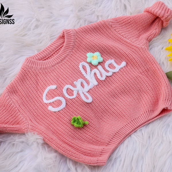 Personalisierter Baby-Namenspullover, individuell handbestickter neuer Baby-Pullover, Baby-Mädchen-Strickpullover in Comfort-Farben, Baby-Geburtstagsgeschenke