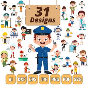 31 Occupation Kids SVG Bundle - Professions Clipart Set for Crafting, Kids Job Art Bundle, Policeman, Doctor, Teacher, Chef & More in SVG