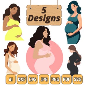 Clipart de mulher grávida, pacote SVG de maternidade, designs para futuras mamães, arte vetorial de gravidez, arquivos digitais de maternidade, gráficos de chá de bebê