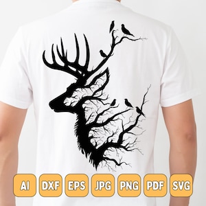 Hirsch Silhouette mit Vögeln | Wald SVG | Von der Natur inspirierte Clipart | Hirsch und Zweig Kunst | Digitales Walddesign | Wildtiere Vektor