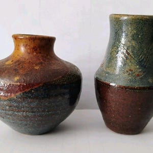 2 Vintage Studio Pottery Weed Pots Signed Joel? Huff MCM Wood Fired Bud Vases
