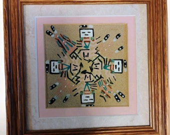 Vintage Navajo Sand Painting Buffalo People Signed DB Thomas Framed Sandart 7x7