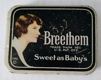 Lata vintage de mentas Breethem Breath de la década de 1930 con revestimiento de papel encerado original (MCM, por sus siglas en inglés).