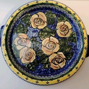 Vintage Cer-Raf Boleslawiec Pools aardewerk ronde bakker met handgrepen, handgeschilderd Unikat-koolroosontwerp, origineel Bunzlauer Keramik Sto
