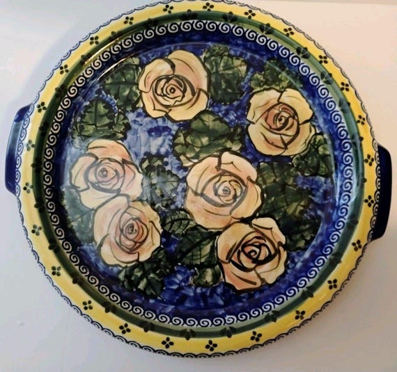 Vintage Cer-Raf Boleslawiec Polish Pottery Round Baker with Handles, Hand Painted Unikat Cabbage Rose Design, Original Bunzlauer Keramik Sto