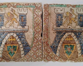 Vintage Del Conca Sassofeltro Blasoni Ceramic Tiles Medieval Heraldic 4x4 Pair