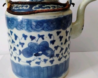 Antique 19th C Chinese Export Blue & White Porcelain Barrel Teapot Lid Qing Dyna