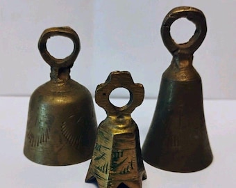 Lot of 3 VTG Brass Hand Bells - ALL RING - Etched Indian Ritual Starter Set