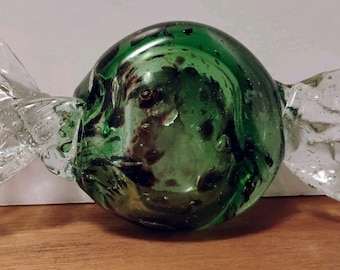 Vintage Murano Style Green Blown Glass Wrapped Candy Paperweight Figurine 5.5"