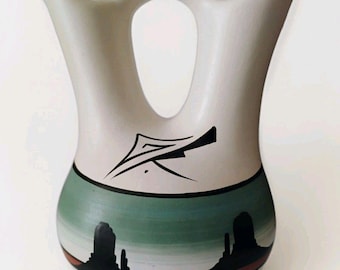 Jarrón de boda decorado y firmado por Yanito Navajo, cerámica indígena nativa americana, 8 pulgadas