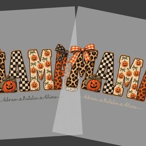 May include: Two identical graphic transfers featuring the word MAMA in a decorative font. The letters are filled with leopard print, black and white checkerboard, and orange pumpkin patterns, accented with orange plaid and black polka dot bows.