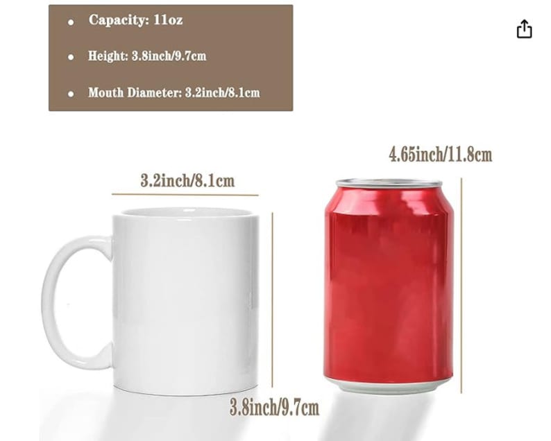 Puede incluir: Taza de cer&aacute;mica blanca con asa, junto a una lata de aluminio roja. La taza mide 9,7 cm de alto y 8,1 cm de ancho. La lata mide 11,8 cm de alto y 8,1 cm de ancho.