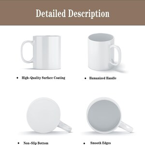 Puede incluir: Una taza de cer&aacute;mica blanca con un asa curvada, mostrada desde m&uacute;ltiples &aacute;ngulos. La taza tiene un revestimiento superficial de alta calidad, un asa humanizada, una base antideslizante y bordes lisos. El texto "Detailed Description" est&aacute; en la parte superior.