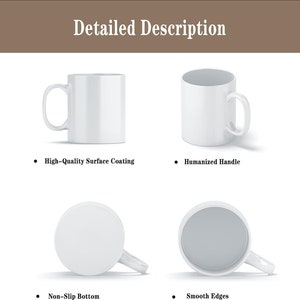Puede incluir: Una taza de cer&aacute;mica blanca con un asa curvada, mostrada desde m&uacute;ltiples &aacute;ngulos. La taza presenta un revestimiento superficial de alta calidad, un asa humanizada, una base antideslizante y bordes lisos. El texto "Detailed Description" est&aacute; en la parte superior de la imagen.