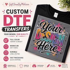 May include: A black t-shirt featuring a clear DTF transfer sheet with the text Your Design Here in bold black letters over a colorful watercolor-style background. The image includes text promoting custom DTF transfers, full color, and durability.