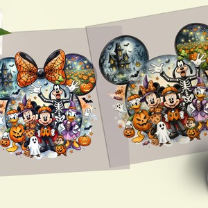 May include: Two square prints featuring Mickey Mouse and friends in Halloween costumes. The designs are shaped like Mickey ears, showing characters like Goofy, Donald Duck, and Minnie Mouse surrounded by pumpkins, ghosts, and a haunted house.