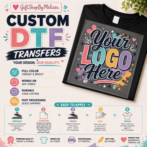 May include: A black t-shirt featuring a custom DTF transfer with the text Your Logo Here in a colorful, multi-font design. The image includes instructional graphics for applying heat transfers, detailing a five-step process with temperature settings of 310°F to 325°F.