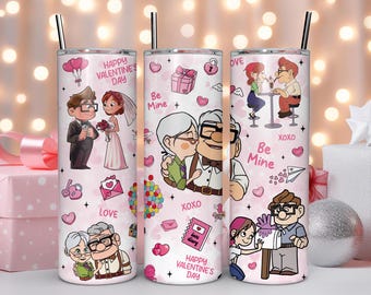 Cartoon Valentine Characters 20oz Tumbler: Pink Hearts, Balloon Movie
