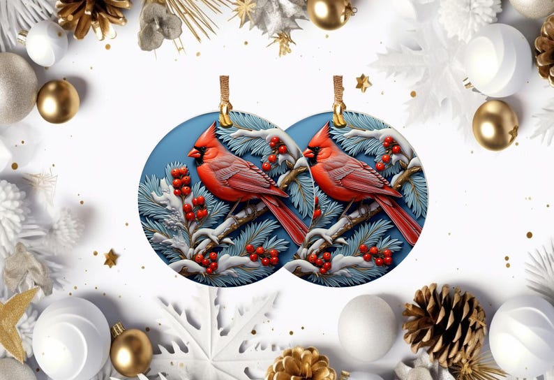 3D Effect Bird Christmas Ornament, 3D Cardinal Bird Christmas Ornament