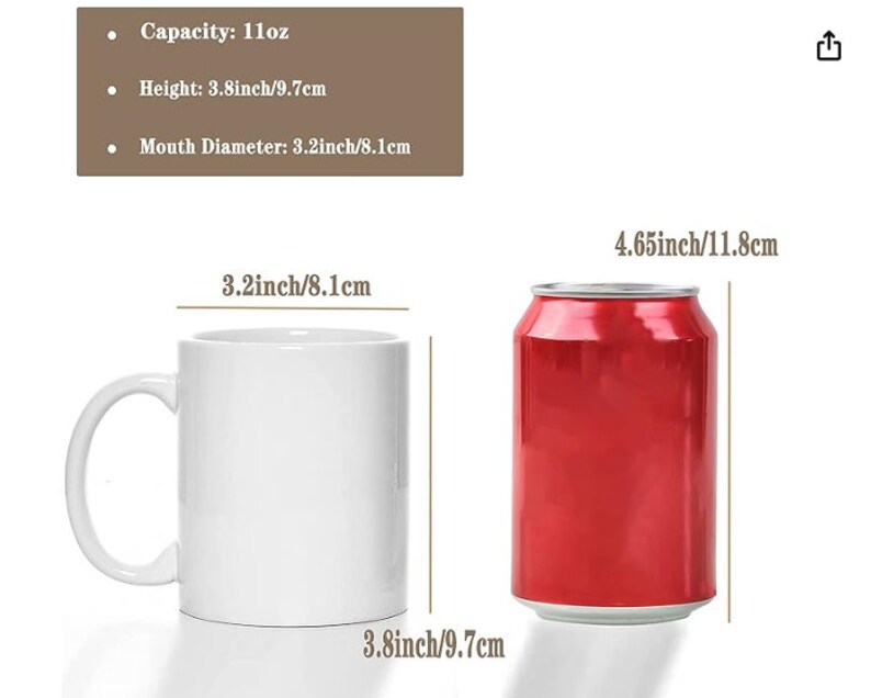 Puede incluir: Se muestra una taza de cer&aacute;mica blanca con asa y una lata roja. La taza mide 9,7 cm de alto y 8,1 cm de di&aacute;metro. La lata mide 11,8 cm de alto. La capacidad de la taza es de 11 oz.