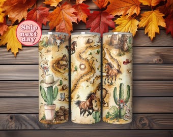 Western Map Tumbler: Cowboy, Horses, Cactus - Insulated Stainless Steel
