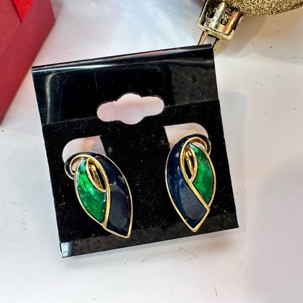 Vintage D'Orlan Goldtone Clip-On Metallic Enamel Earrings Green Blue NWOT