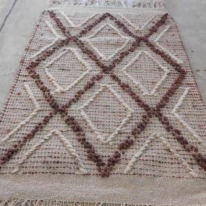 Handmade Moroccan Wool Rug | Boho Textured Area Rug | Shaggy Berber Style Carpet | Neutral Geometric Handwoven  Klim Rug