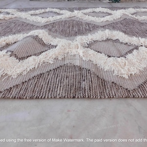 Handmade Moroccan Wool Rug | Boho Textured Area Rug | Shaggy Berber Style Carpet | Neutral Geometric Handwoven  Klim Rug