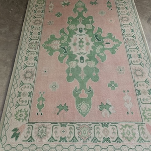 Hand-Knotted Oushak  Pink and Green  Vintage Turkish Wool Carpet, Soft Pastel Area Rug for Kids Room & Living Room Decor,kitchen Home