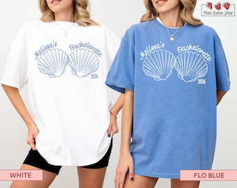 Camisa de despedida de solteira de sereia personalizada, camisa de biquíni com conchas, despedida de solteira na praia, despedida de solteira no litoral, cruzeiro de despedida de solteira