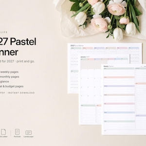 May include: A 2027 Pastel Planner printable PDF set featuring weekly and monthly dated pages. The text reads 2027 Pastel Planner, 53 dated weekly pages, 12 dated monthly pages, year at a glance, habit, goal & budget pages, and printable PDF.