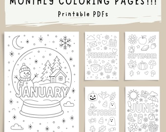 Paquete mensual de páginas para colorear: 12 hojas imprimibles de temporada para colorear, descarga digital en PDF