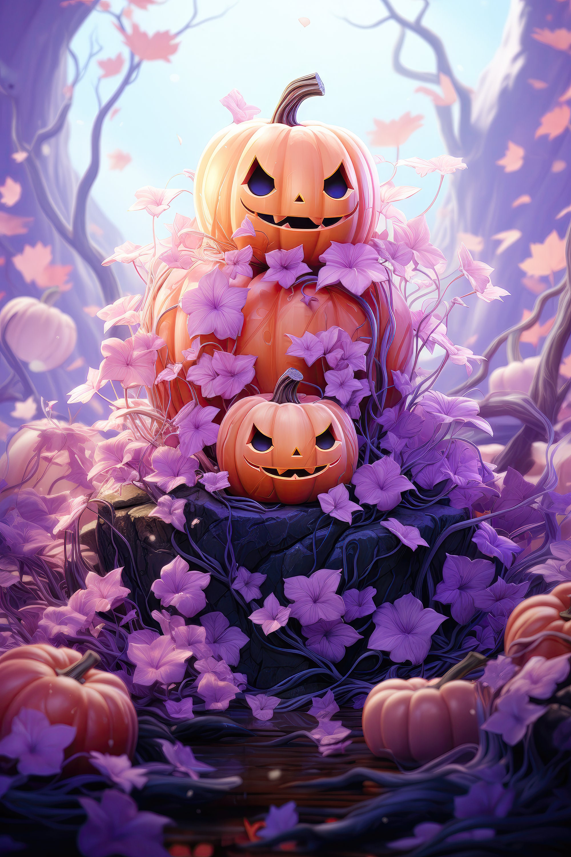 Digital Halloween Art Purple Foliage & Orange Expressive Pumpkin