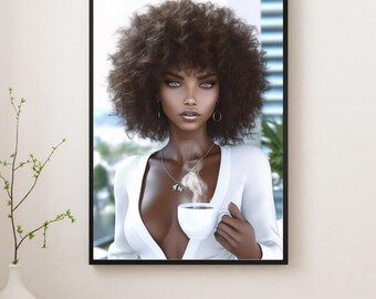 Coffee and Me | Black Women Coffee Wall Art | 5 High-Resolution Digital Prints | Coffee Lover Aesthetic | PNG Instant Download | Home Decor