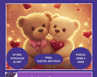 Valentine's Day Cuddly Teddy Bears PNG Pack | 15 Hi-Res AI-Generated Images | Instant Digital Download | Upscaled PNGs | 4096 x 4096 pixels