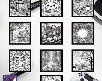 Fall-Themed Coloring Pages | White and Black Edition | Cozy Autumn Scenes | Perfect for Coloring | High-Resolution | Upscaled Coloring Pages