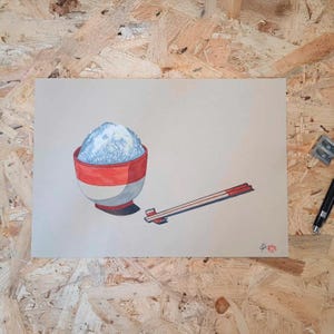 Ciotola di riso, bacchette / Disegno con matite colorate e pennarelli su carta naturale 250G