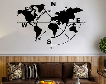 Black Metal World Line Wall Art / Living Room Wall Art / Metal Wall Art / Line Art / World Map Compass