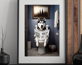 Husky on the Toilet Digital Download | Funny Dog Bathroom Decor | Quirky Siberian Husky Wall Art Printable