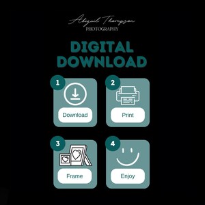 Peut inclure: Instructions pour un t&eacute;l&eacute;chargement num&eacute;rique sur fond noir. Le texte turquoise indique "T&eacute;l&eacute;chargement num&eacute;rique" avec des &eacute;tapes num&eacute;rot&eacute;es : T&eacute;l&eacute;charger, Imprimer, Encadrer et Appr&eacute;cier. L'image comprend &eacute;galement le texte "Abigail Thompson Photography".