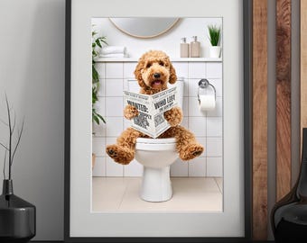 Goldendoodle sur les toilettes en téléchargement numérique | Décoration de salle de bain Cockapoo drôle | Art mural chien original à imprimer | Chien Golden Doodle