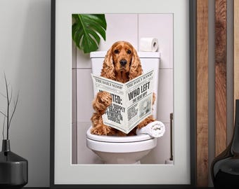 Cocker anglais sur les toilettes en téléchargement numérique | Décoration de salle de bain drôle de chien | Art mural chien roux doré à imprimer