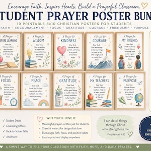 May include: A digital bundle of 10 printable 8x10 inch Christian prayer posters for students. Each poster features watercolor illustrations and text including titles like A Prayer for Wisdom, Kindness, Courage, and Gratitude, designed for classroom display.