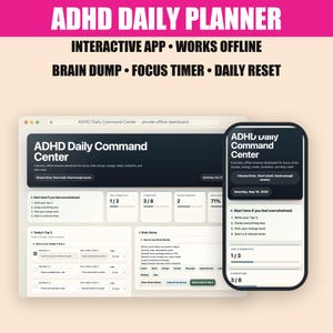 Könnte beinhalten: Digitales ADHD-Tagesplaner-Interface, angezeigt auf einem Laptop und Smartphone. Der Planer bietet Abschnitte für Aufgaben, Fokus-Timer und tägliche Rücksetzungen. Der Text auf dem Bildschirm lautet "ADHD Daily Command Center".