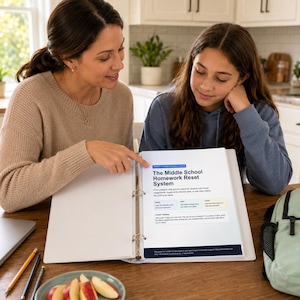 May include: A white three-ring binder containing a document titled The Middle School Homework Reset System. The page features blue and yellow text boxes outlining a routine, with a dark blue footer containing disclaimer text at the bottom.