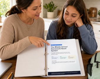 Puede incluir: Una carpeta de tres anillas blanca que contiene un documento titulado The Middle School Homework Reset System. La página presenta cuadros de texto azules y amarillos que describen una rutina, con un pie de página azul oscuro con un descargo de responsabilidad.